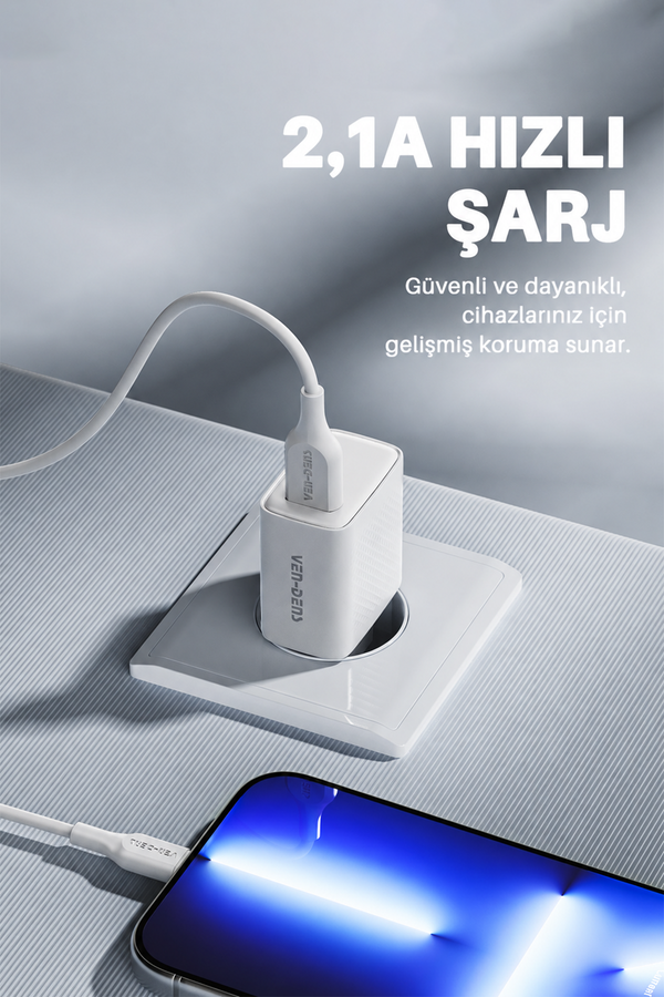 Ven-Dens VD-TC019BA 10,5 W USB-A Şarj Adaptörü, Kompakt Duvar Tipi Tasarım, 110–240 V Giriş, Beyaz