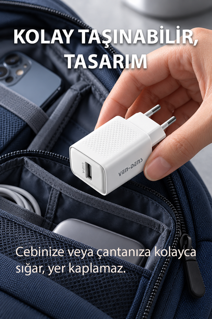 Ven-Dens VD-TC019BA 10,5 W USB-A Şarj Adaptörü, Kompakt Duvar Tipi Tasarım, 110–240 V Giriş, Beyaz