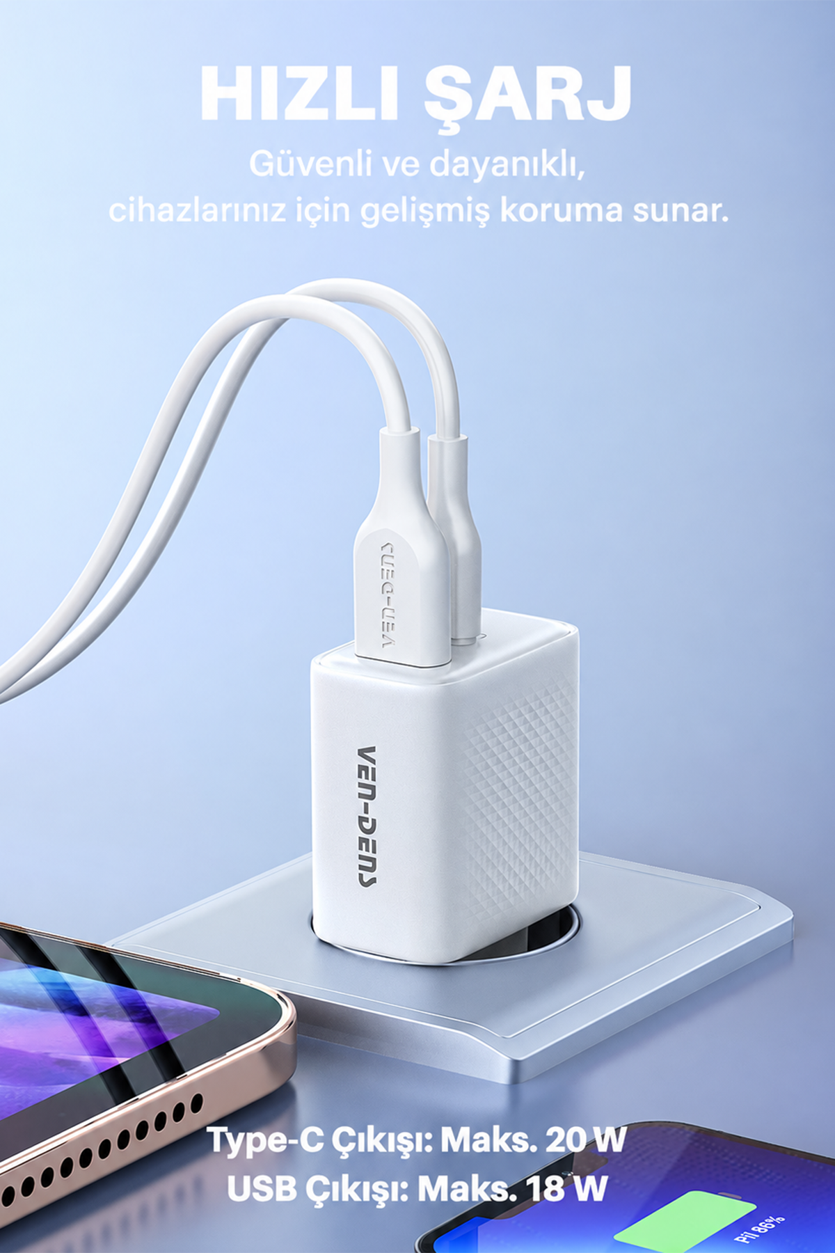 Ven-Dens VD-TC019BAC 20W USB-C PD ve 18W USB-A Çift Portlu Hızlı Şarj Adaptörü, EU Priz, Beyaz