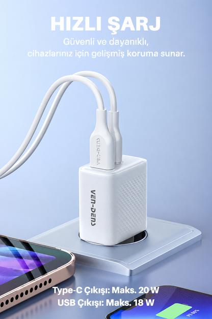 Ven-Dens VD-TC019BAC 20W USB-C PD ve 18W USB-A Çift Portlu Hızlı Şarj Adaptörü, EU Priz, Beyaz