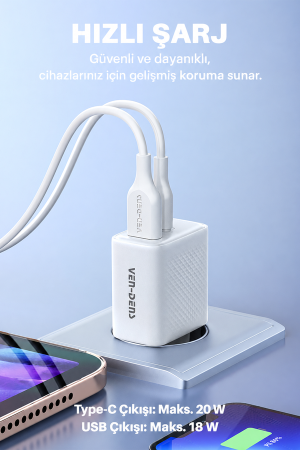 Ven-Dens VD-TC019BAC 20W USB-C PD ve 18W USB-A Çift Portlu Hızlı Şarj Adaptörü, EU Priz, Beyaz