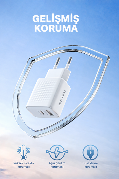 Ven-Dens VD-TC019BAC 20W USB-C PD ve 18W USB-A Çift Portlu Hızlı Şarj Adaptörü, EU Priz, Beyaz