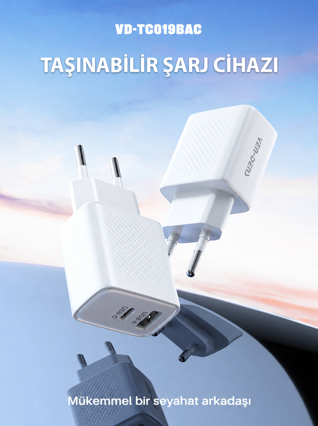 Ven-Dens VD-TC019BAC 20W USB-C PD ve 18W USB-A Çift Portlu Hızlı Şarj Adaptörü, EU Priz, Beyaz