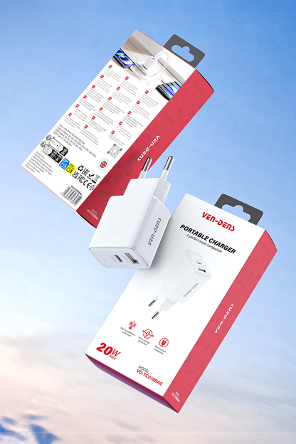 Ven-Dens VD-TC019BAC 20W USB-C PD ve 18W USB-A Çift Portlu Hızlı Şarj Adaptörü, EU Priz, Beyaz