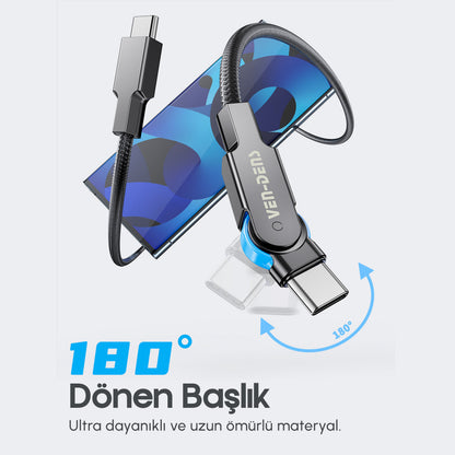 Vendens VD-DC03CC USB-C'den USB-C'ye Örgülü 180 Derece Dönebilen Başlıklı 60W Hızlı Şarj Type C Şarj Kablosu 1m