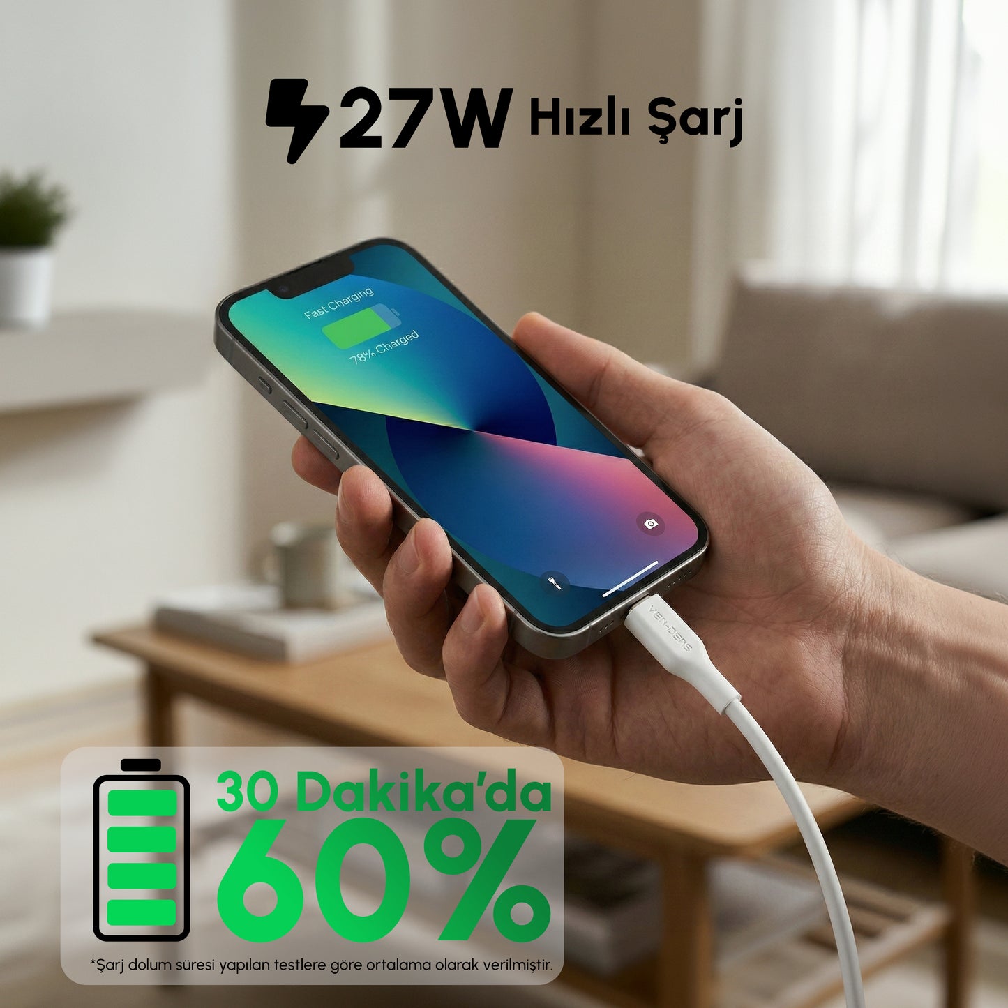 Vendens VD-DC20CL Apple MFi Onaylı 27W Type-C to Lightning Hızlı Şarj Kablosu, 1 Metre