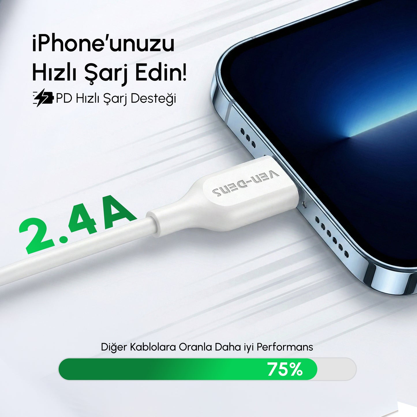 Vendens VD-DC20L Apple MFi Onaylı 2.4A Lightning Hızlı Şarj ve Veri Kablosu, 1 Metre