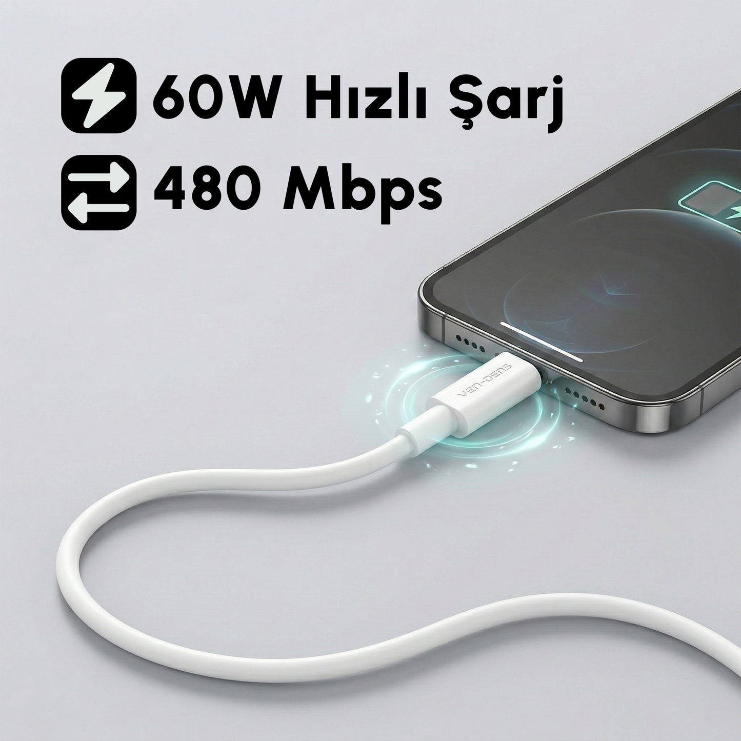 Vendens VD-DCR05 USB-C'den USB-C'ye 60W Hızlı Şarj Destekli Beyaz Type C Kablo 1.2m