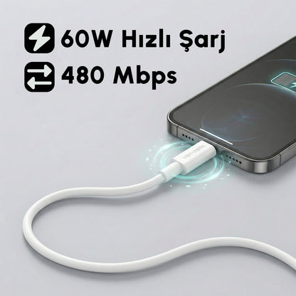 Vendens VD-DCR05 USB-C'den USB-C'ye 60W Hızlı Şarj Destekli Beyaz Type C Kablo 1.2m