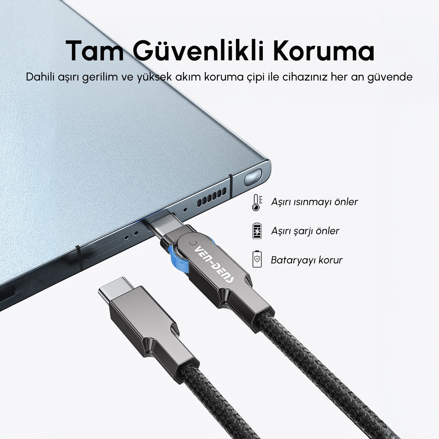 Vendens VD-DC03CC USB-C'den USB-C'ye Örgülü 180 Derece Dönebilen Başlıklı 60W Hızlı Şarj Type C Şarj Kablosu 1m