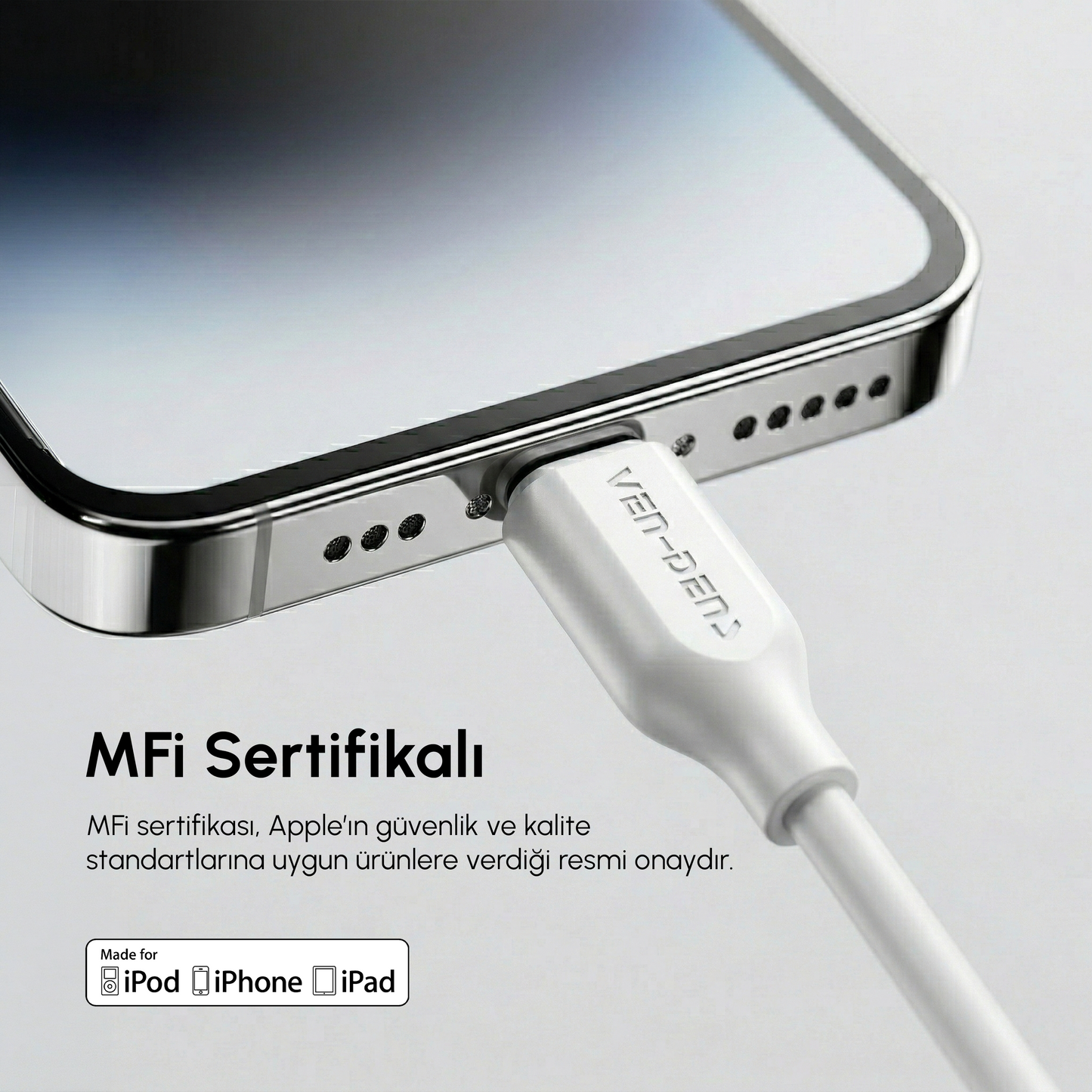 Vendens VD-DC20CL Apple MFi Onaylı 27W Type-C to Lightning Hızlı Şarj Kablosu, 1 Metre