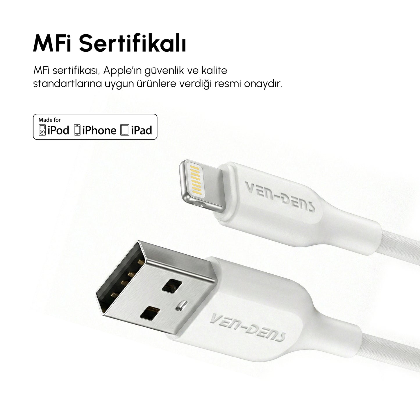 Vendens VD-DC20L Apple MFi Onaylı 2.4A Lightning Hızlı Şarj ve Veri Kablosu, 1 Metre