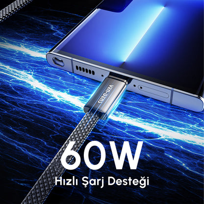 Vendens VD-DC22CC USB-C'den USB-C'ye Örgülü 60W Hızlı Şarj Destekli Type C Kablo 1.2m