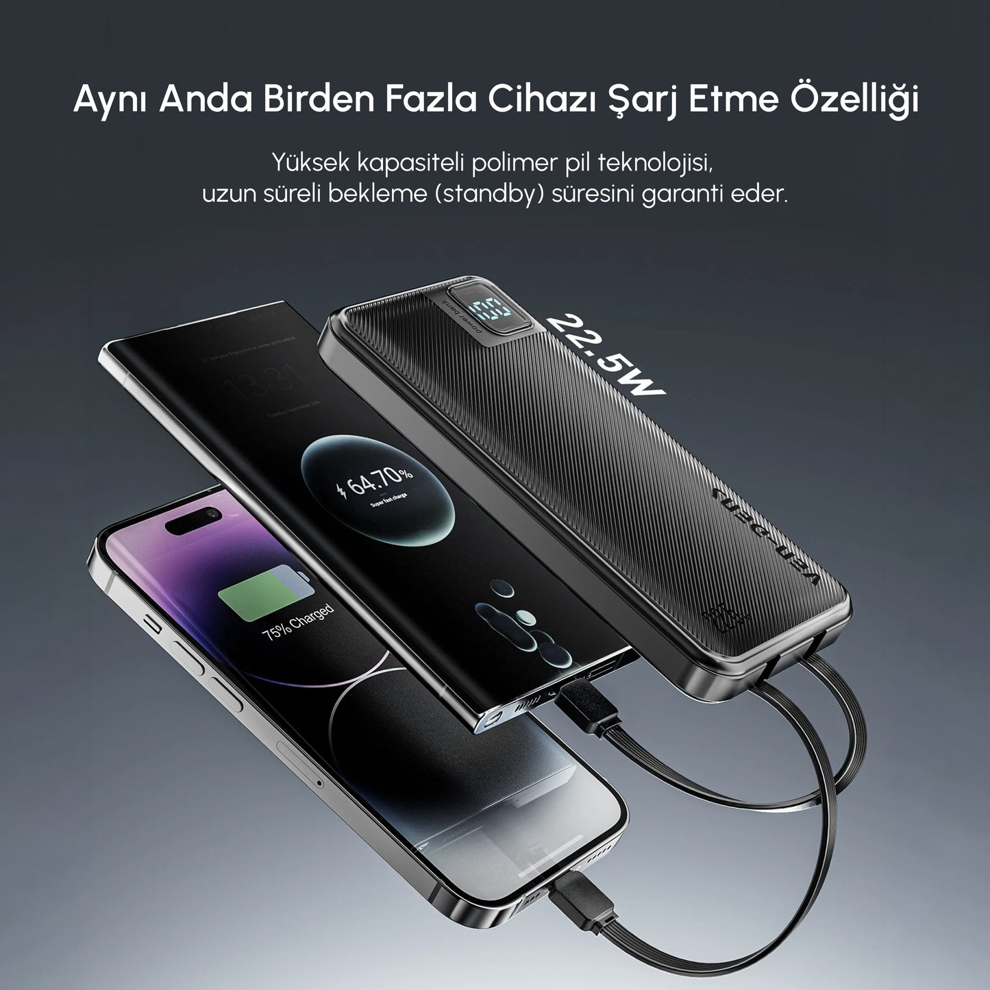 Vendens VD-PB060 Dahili Kablolu Powerbank 10000 mAh | 22.5W Hızlı Şarj & LED Ekran