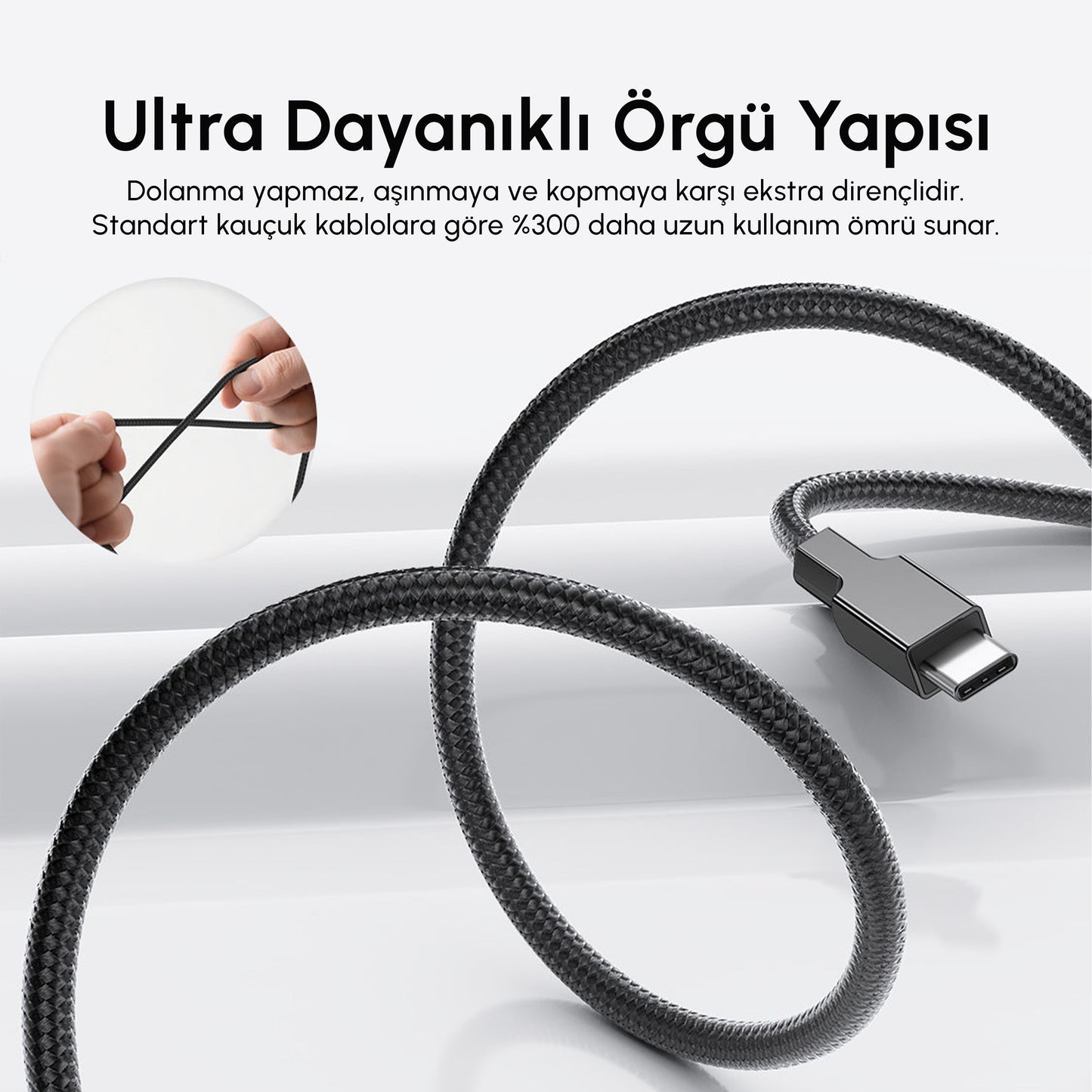 Vendens VD-DC03CC USB-C'den USB-C'ye Örgülü 180 Derece Dönebilen Başlıklı 60W Hızlı Şarj Type C Şarj Kablosu 1m