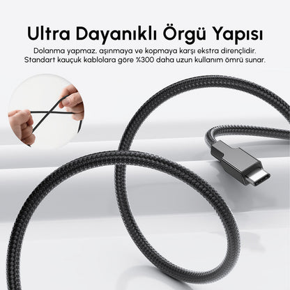Vendens VD-DC03CC USB-C'den USB-C'ye Örgülü 180 Derece Dönebilen Başlıklı 60W Hızlı Şarj Type C Şarj Kablosu 1m