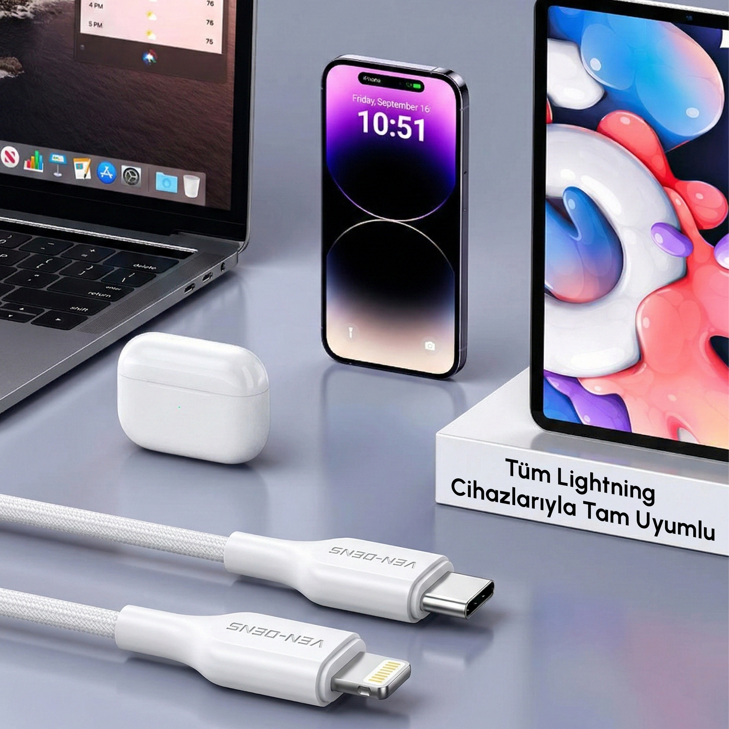Vendens VD-DC20CL Apple MFi Onaylı 27W Type-C to Lightning Hızlı Şarj Kablosu, 1 Metre