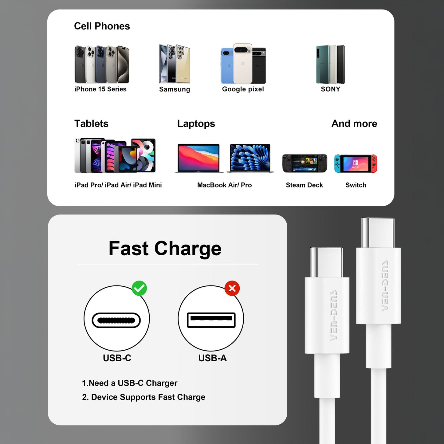 Vendens VD-DCR05 USB-C'den USB-C'ye 60W Hızlı Şarj Destekli Beyaz Type C Kablo 1.2m