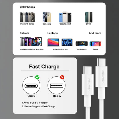 Vendens VD-DCR05 USB-C'den USB-C'ye 60W Hızlı Şarj Destekli Beyaz Type C Kablo 1.2m