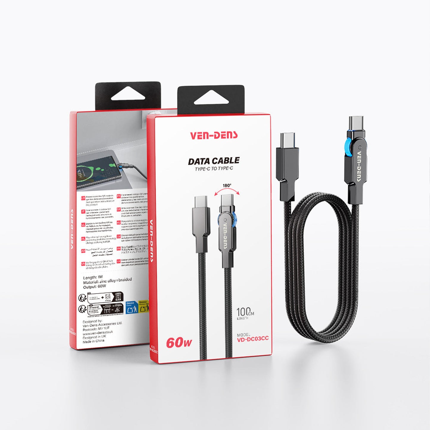 Vendens VD-DC03CC USB-C'den USB-C'ye Örgülü 180 Derece Dönebilen Başlıklı 60W Hızlı Şarj Type C Şarj Kablosu 1m