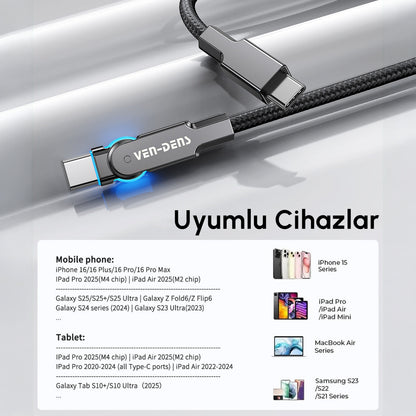 Vendens VD-DC03CC USB-C'den USB-C'ye Örgülü 180 Derece Dönebilen Başlıklı 60W Hızlı Şarj Type C Şarj Kablosu 1m