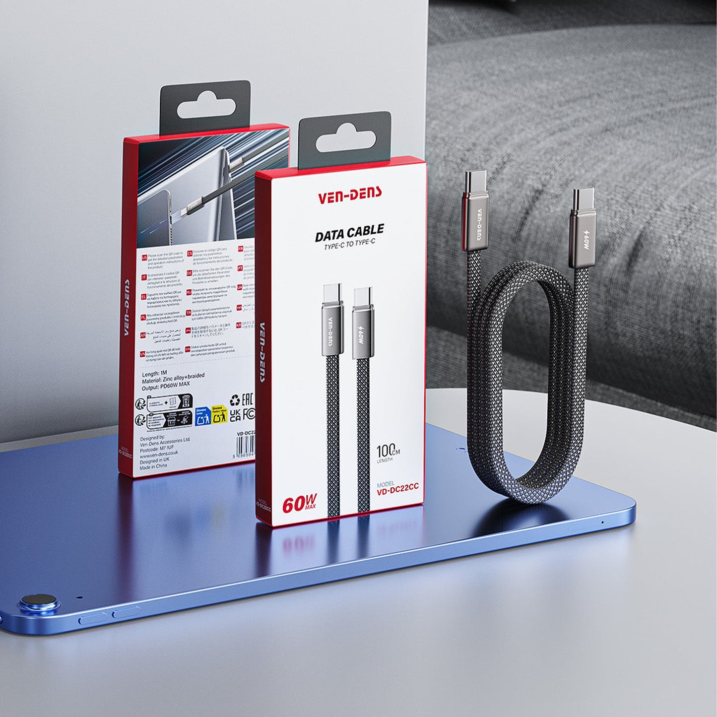 Vendens VD-DC22CC USB-C'den USB-C'ye Örgülü 60W Hızlı Şarj Destekli Type C Kablo 1.2m