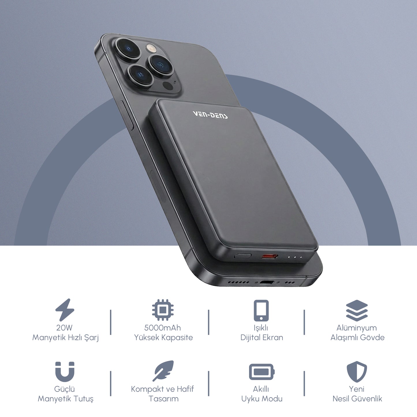 Vendens VD-PB023 Manyetik Powerbank 20W Hızlı Şarj & Kablosuz Şarj - 5000mAh Dijital Göstergeli