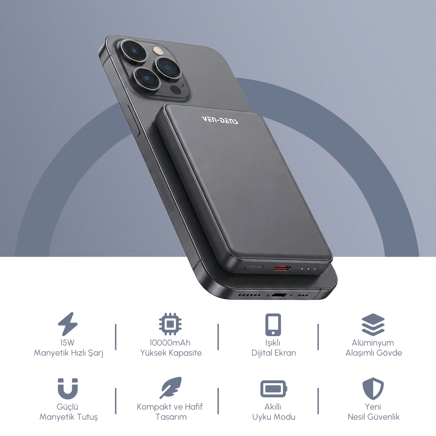 Vendens VD-PB033 Premium Manyetik Powerbank 10000mAh LED Ekranlı 15W Hızlı Şarj